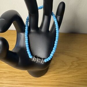 Glass Elastic Beaded Baby Blue Bracelet Metal Silver Plated Flowers